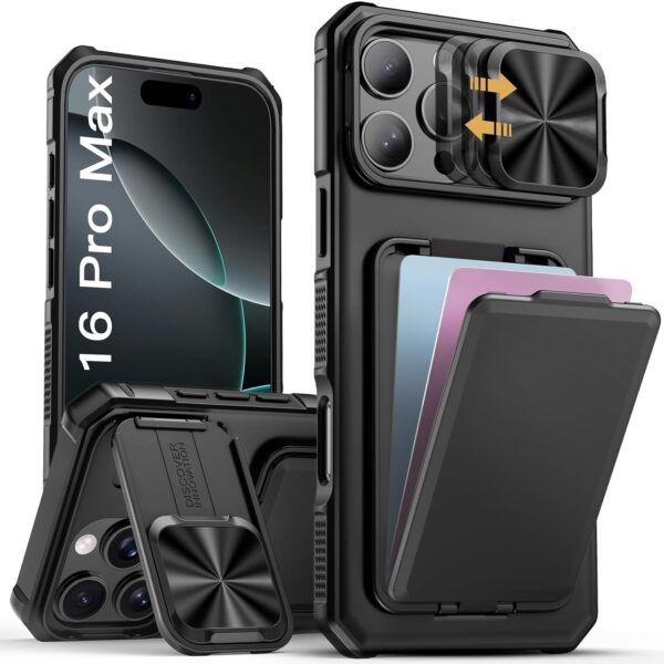 for iPhone 16 Pro Max Case with Card Holder & Kickstand & Slide Camera Lens Cover, Silicone Edge Protection Rugged Heavy Duty Phone Case Cover for iPhone 16 Pro Max 6.9'' 5G, Black