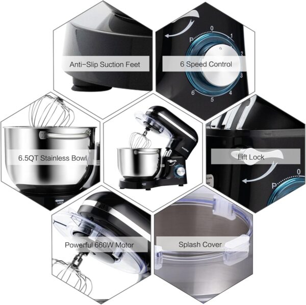 Aucma Stand Mixer,6.5-QT 660W 6-Speed Tilt-Head Food Mixer, Kitchen Electric Mixer with Dough Hook, Wire Whip & Beater (6.5QT, Black) - Image 3