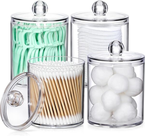 4 Pack Acrylic Qtip Holder Dispenser for Cotton Swabs, Balls, Pads, Floss Picks- Small Clear Plastic Canister Apothecary Jar Set, Bathroom Essentials Accessories Decor, Vanity Makeup Storage