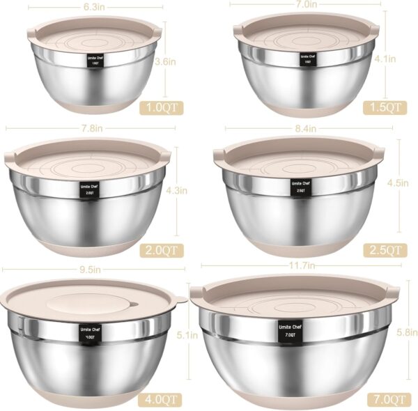 Mixing Bowls with Airtight Lids Set, 26PCS Stainless Steel Khaki Bowls with Grater Attachments, - Image 2