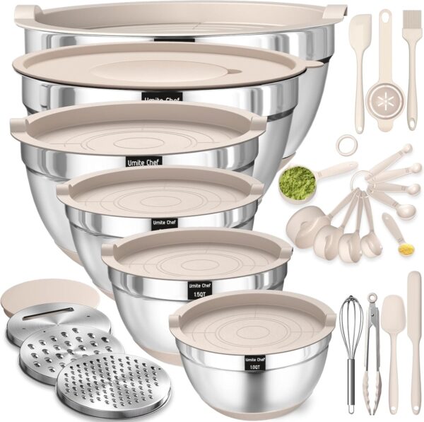 Mixing Bowls with Airtight Lids Set, 26PCS Stainless Steel Khaki Bowls with Grater Attachments,