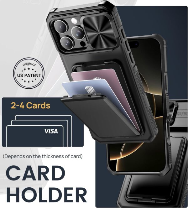 for iPhone 16 Pro Max Case with Card Holder & Kickstand & Slide Camera Lens Cover, Silicone Edge Protection Rugged Heavy Duty Phone Case Cover for iPhone 16 Pro Max 6.9'' 5G, Black - Image 3