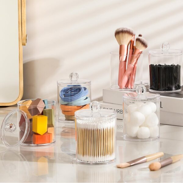 4 Pack Acrylic Qtip Holder Dispenser for Cotton Swabs, Balls, Pads, Floss Picks- Small Clear Plastic Canister Apothecary Jar Set, Bathroom Essentials Accessories Decor, Vanity Makeup Storage - Image 3