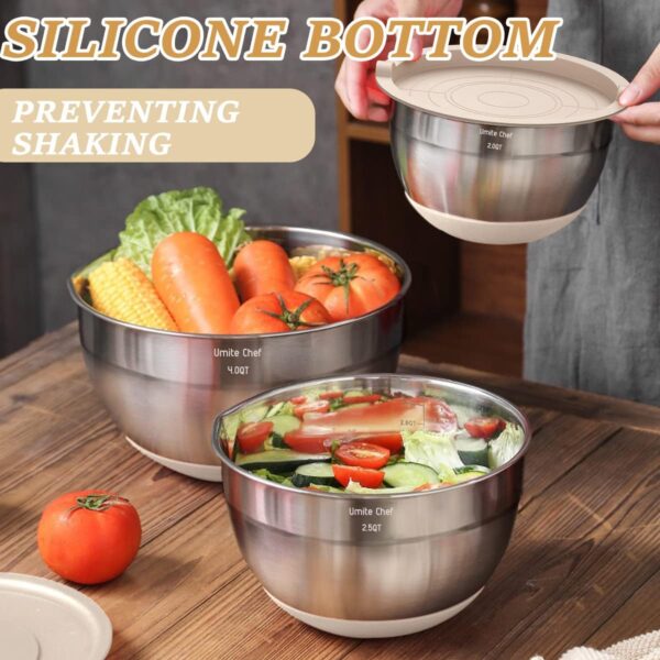 Mixing Bowls with Airtight Lids Set, 26PCS Stainless Steel Khaki Bowls with Grater Attachments, - Image 4