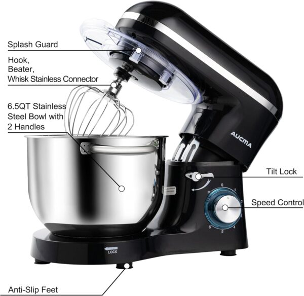 Aucma Stand Mixer,6.5-QT 660W 6-Speed Tilt-Head Food Mixer, Kitchen Electric Mixer with Dough Hook, Wire Whip & Beater (6.5QT, Black) - Image 2