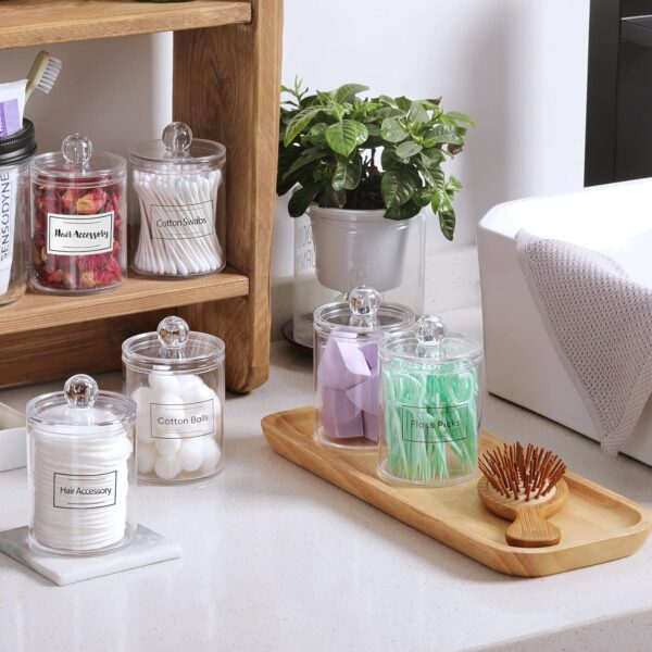 4 Pack Acrylic Qtip Holder Dispenser for Cotton Swabs, Balls, Pads, Floss Picks- Small Clear Plastic Canister Apothecary Jar Set, Bathroom Essentials Accessories Decor, Vanity Makeup Storage - Image 4