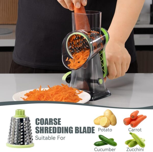 KEOUKE Rotary Cheese Grater with Handle Vegetable Cheese Shredder Slicer Grater for Kitchen 3 Changeable Blades for Cheese Potato Zucchini Nuts Chocolate (Green SP) - Image 2