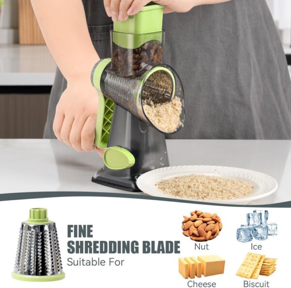 KEOUKE Rotary Cheese Grater with Handle Vegetable Cheese Shredder Slicer Grater for Kitchen 3 Changeable Blades for Cheese Potato Zucchini Nuts Chocolate (Green SP) - Image 3