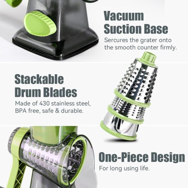 KEOUKE Rotary Cheese Grater with Handle Vegetable Cheese Shredder Slicer Grater for Kitchen 3 Changeable Blades for Cheese Potato Zucchini Nuts Chocolate (Green SP) - Image 5