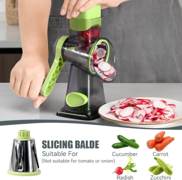 KEOUKE Rotary Cheese Grater with Handle Vegetable Cheese Shredder Slicer Grater for Kitchen 3 Changeable Blades for Cheese Potato Zucchini Nuts Chocolate (Green SP) - Image 4