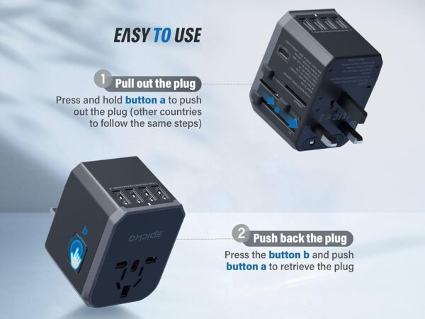 EPICKA Universal Travel Adapter, All in One International Power Adapter AC Plug Worldwide Charger Adaptor with USB-C and 4 USB Ports, - Image 3