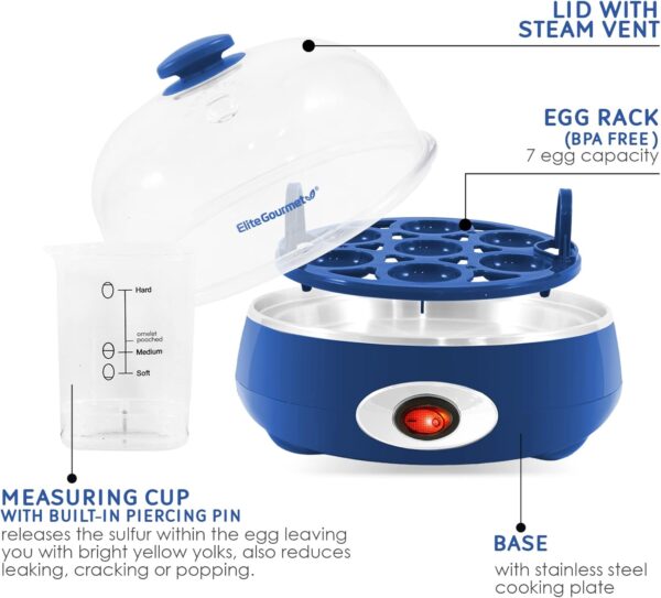Elite Gourmet EGC322CBL Easy Egg Cooker Electric 7-Egg Capacity, Soft, Medium, Hard-Boiled Egg Cooker with Auto Shut-Off, Measuring Cup Included, BPA Free, Classic Blue - Image 2
