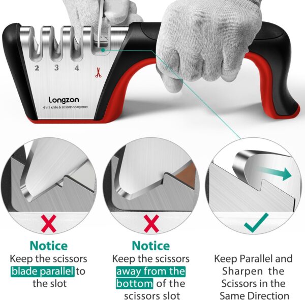 4-in-1 Knife Sharpener [4 Stage] with a Pair of Cut-Resistant Glove, Original Premium Polish Blades, Best Kitchen Knife Sharpener Really Works for Ceramic and Steel Knives, Scissors. - Image 3