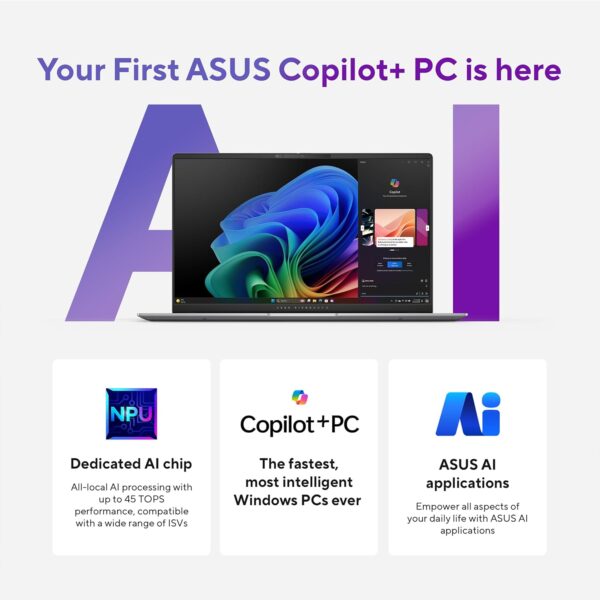 ASUS Vivobook S 15 Laptop; Copilot+ PC, 15.6” 3K 120Hz OLED Display, Qualcomm Snapdragon X Elite X1E-78-100 12-Core Processor, 16GB RAM, 1TB SSD, Windows 11 Home, Cool Silver, S5507QAD-PS96 - Image 2