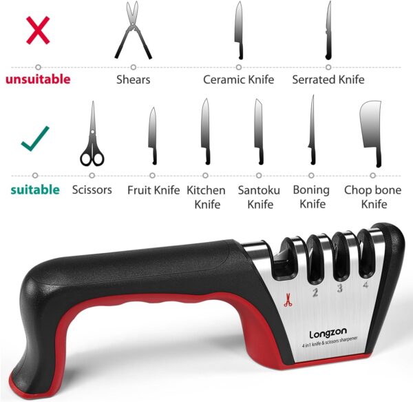4-in-1 Knife Sharpener [4 Stage] with a Pair of Cut-Resistant Glove, Original Premium Polish Blades, Best Kitchen Knife Sharpener Really Works for Ceramic and Steel Knives, Scissors. - Image 6