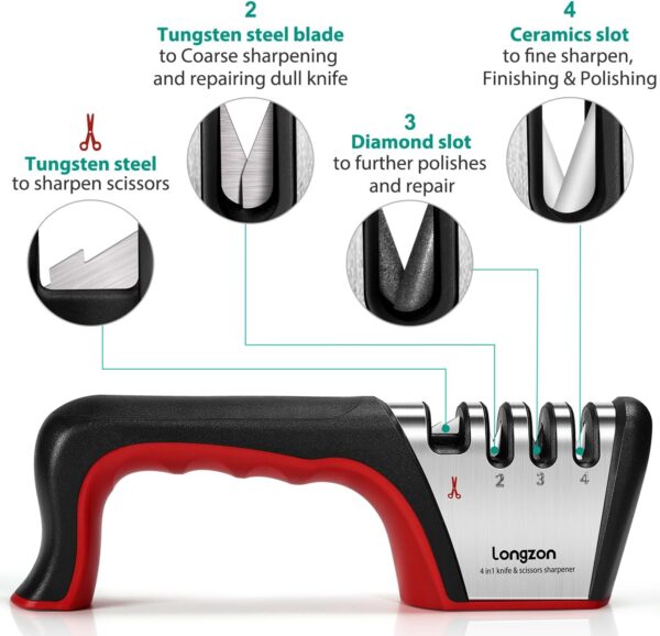 4-in-1 Knife Sharpener [4 Stage] with a Pair of Cut-Resistant Glove, Original Premium Polish Blades, Best Kitchen Knife Sharpener Really Works for Ceramic and Steel Knives, Scissors. - Image 2