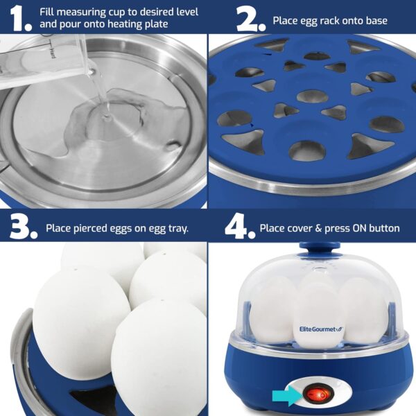 Elite Gourmet EGC322CBL Easy Egg Cooker Electric 7-Egg Capacity, Soft, Medium, Hard-Boiled Egg Cooker with Auto Shut-Off, Measuring Cup Included, BPA Free, Classic Blue - Image 6