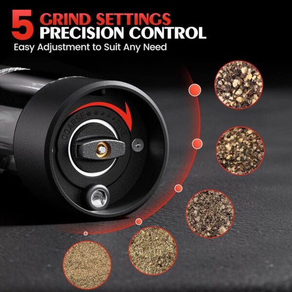 Electric Salt and Pepper Grinder Set Automatic Battery Pepper Mill Shakers Adjustable Coarseness Easy Filling Upgraded Larger Capacity with Led (2 Pack Black/Black） - Image 2