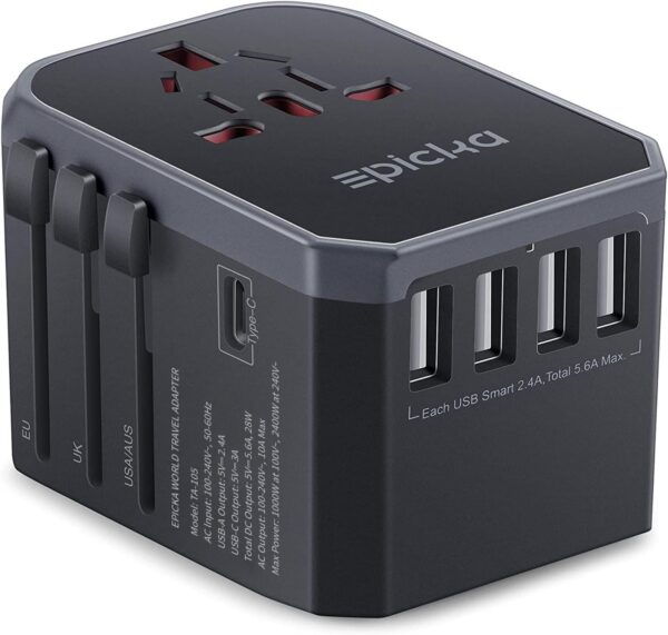 EPICKA Universal Travel Adapter, All in One International Power Adapter AC Plug Worldwide Charger Adaptor with USB-C and 4 USB Ports,
