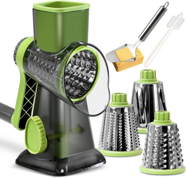 KEOUKE Rotary Cheese Grater with Handle Vegetable Cheese Shredder Slicer Grater for Kitchen 3 Changeable Blades for Cheese Potato Zucchini Nuts Chocolate (Green SP)