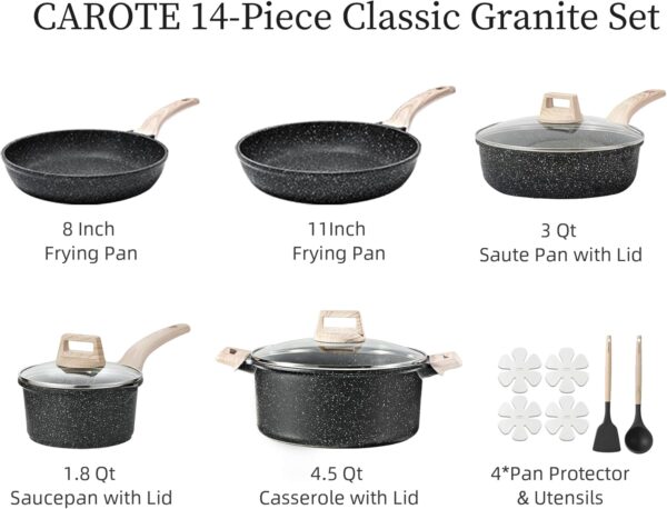 CAROTE 14Pcs Pots and Pans Set Non Stick, Cookware Sets Induction Cookware Granite Cooking Set with Frying Pans, - Image 2