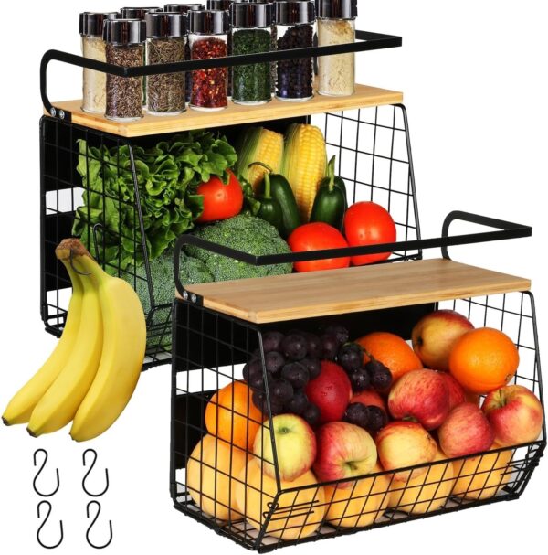 2 Set Magnetic Shelf for Refrigerator with Wood Lid, Fruit Potato & Onion Storage Bins, Pantry Organizers & Storage,