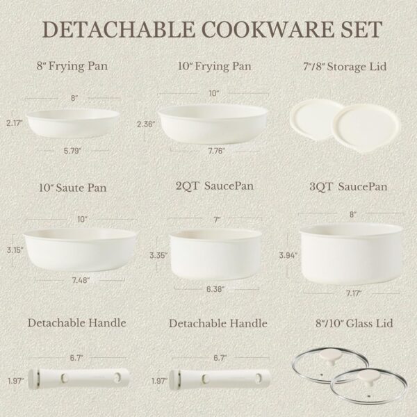 CAROTE 11pcs Pots and Pans Set, Nonstick Cookware Detachable/Removable Handle, Induction RV Kitchen Set, Oven Safe, Cream White - Image 2