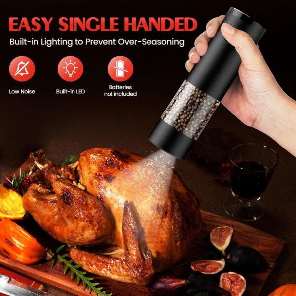 Electric Salt and Pepper Grinder Set Automatic Battery Pepper Mill Shakers Adjustable Coarseness Easy Filling Upgraded Larger Capacity with Led (2 Pack Black/Black） - Image 3
